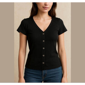 Elodie black from button knit top corset lines short sleeves Sz L